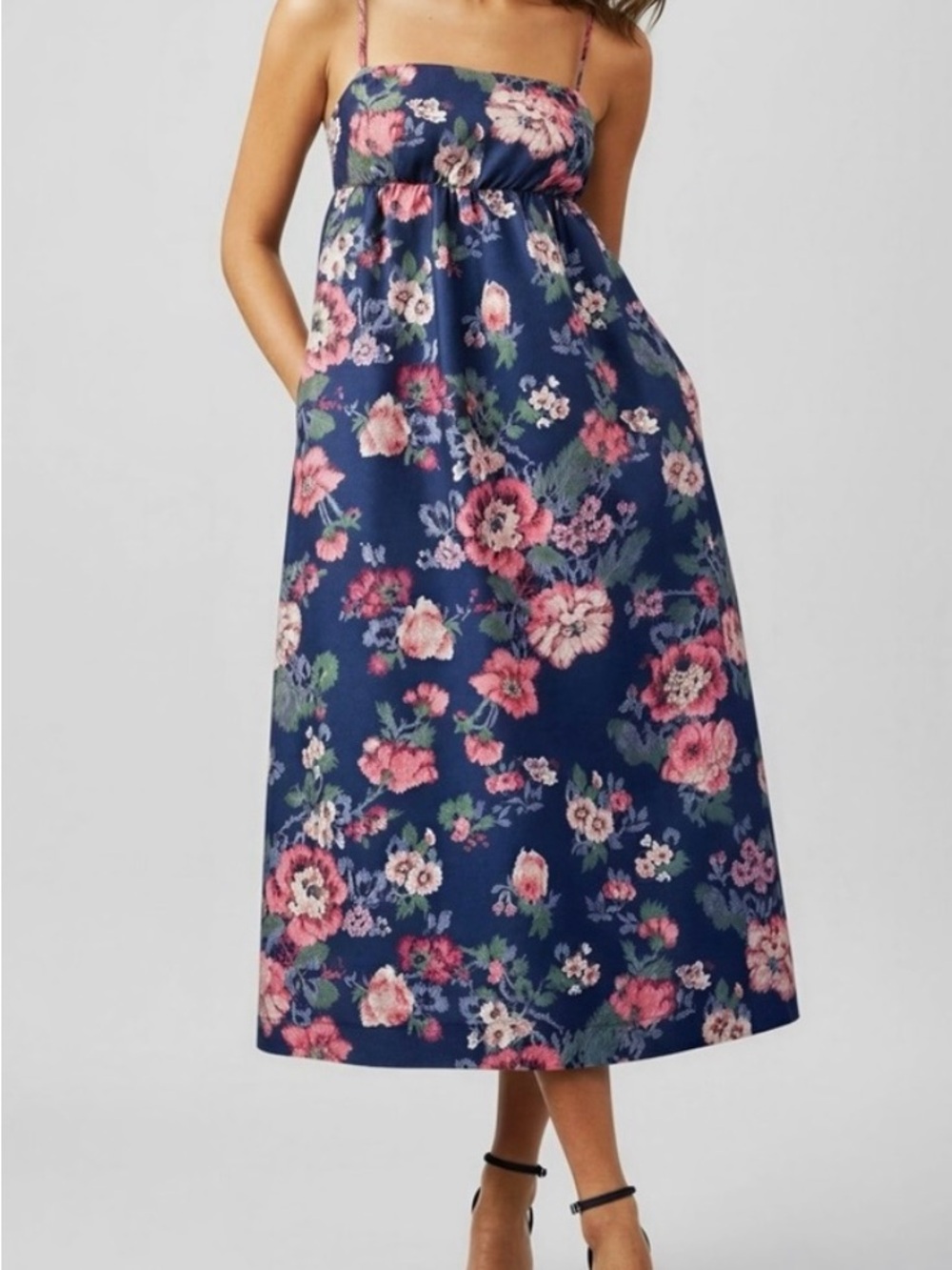 BHLDN Navy Floral Midi Dress with Pink Blooms
